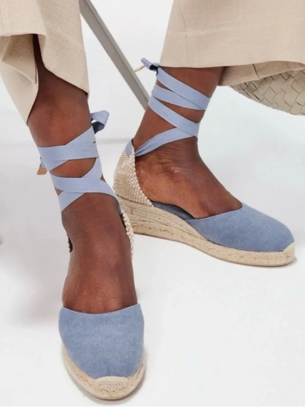 Soludos Marseille blue canvas espadrille wedge with lace up ankle